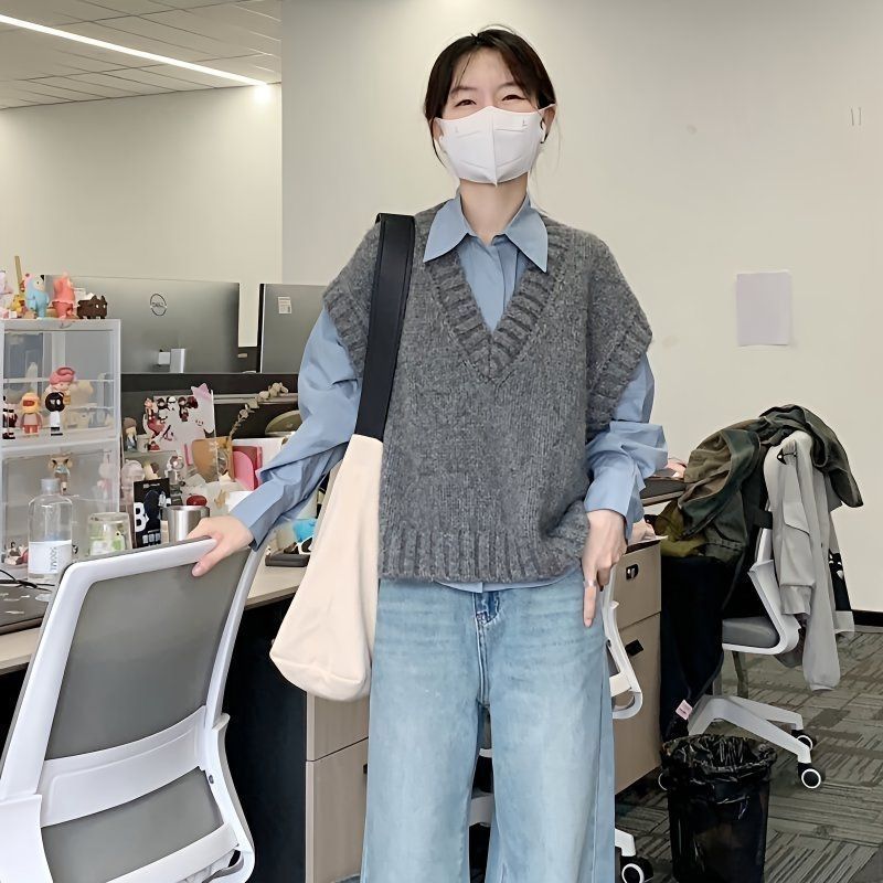 秋冬学院风马甲两件套装/灰色v领坎肩外穿针织背心+蓝色长袖衬衫|undefined