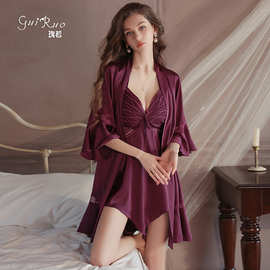 瑰若性感女睡衣纯欲诱惑深V加胸垫甜美蝴蝶睡裙外袍家居套装P3945