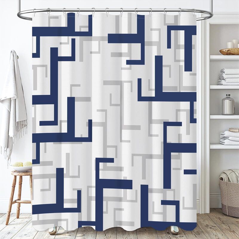Cross-Border Shower Curtain Navy Blue Geometric Line Shower Curtain Digital Printing Bathroom Toilet Waterproof and Mildew-Proof Partition Curtain