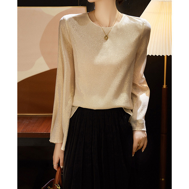 Glossy Matte Silk Shirt with Slightly Flared Sleeves, Heavyweight Mulberry Silk T-Shirt Blouse, 2026 Spring New Women's Top