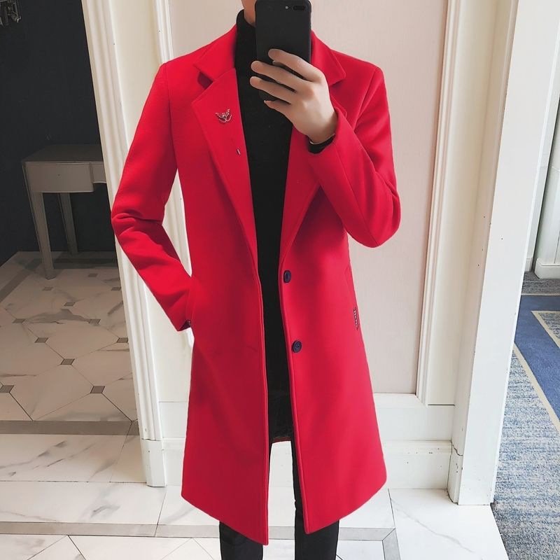 Autumn and winter new pattern Large Windbreaker Mid length version bright red Fur overcoat man Korean Edition thickening Self cultivation Woollen cloth coat