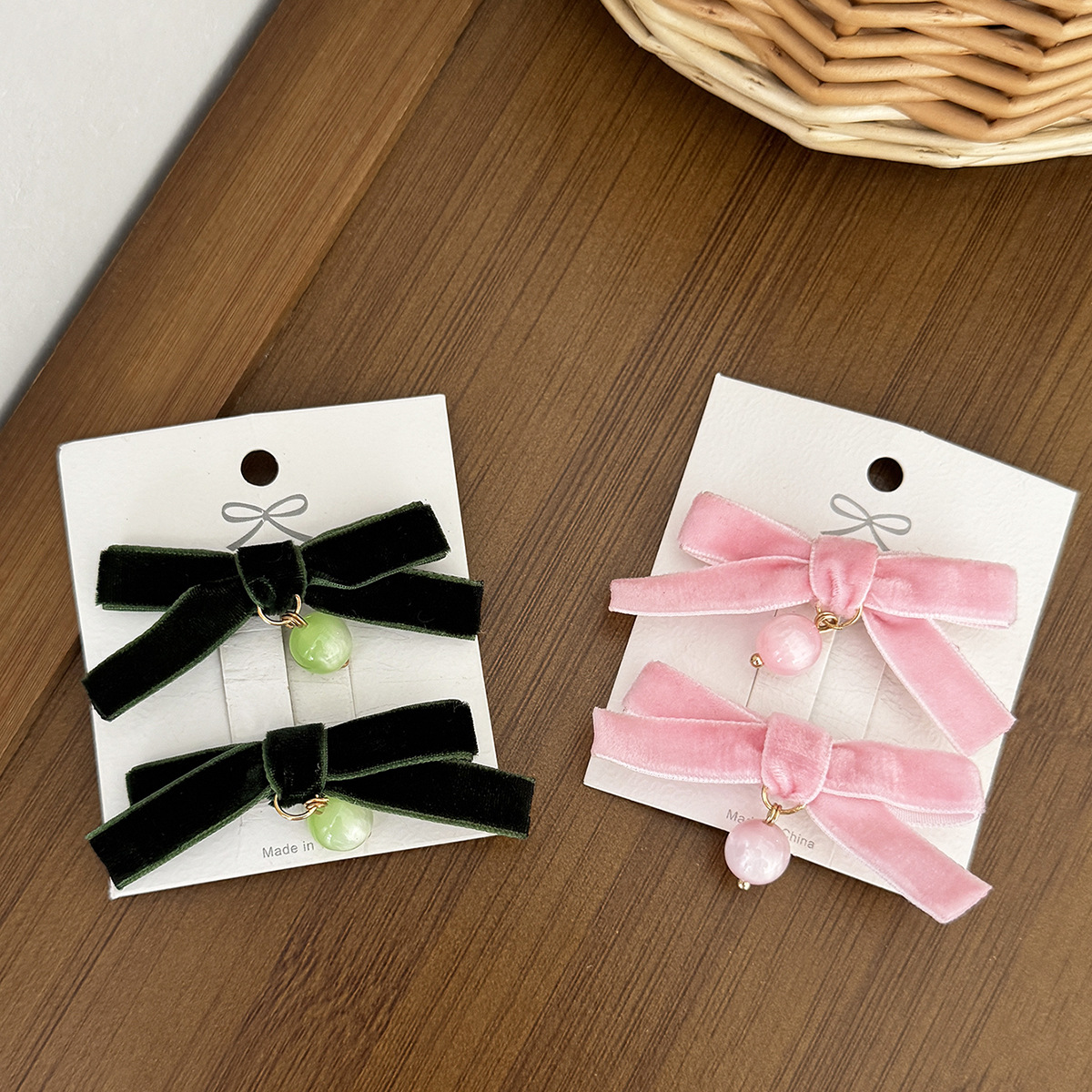 Japanese and Korean Velvet Bow Hairpin Ballet Style Sweet Girl Cat Eye Jade Double Ponytail Hairpin Cute Hair Accessories