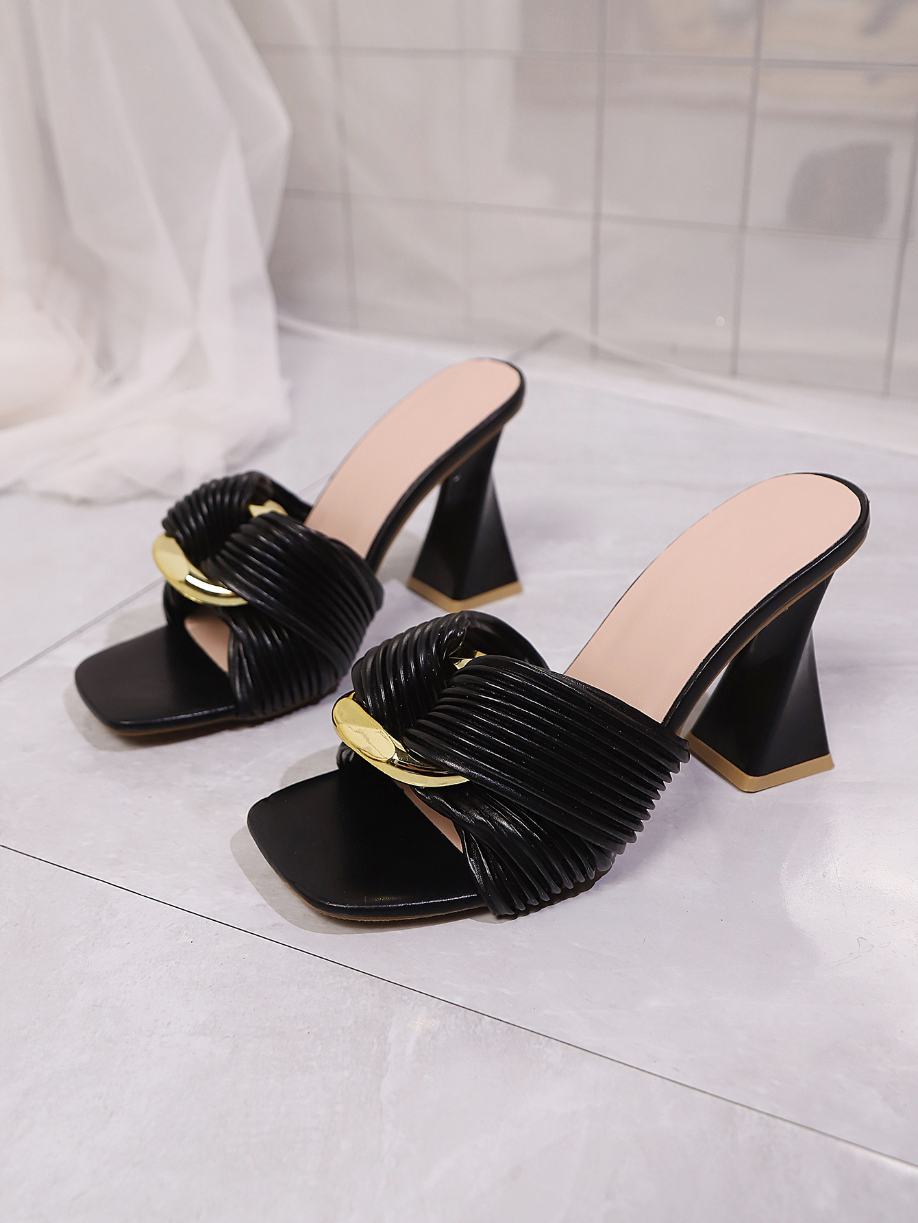 plus Size Women's Elegant Square Toe Sandals High Heels Chunky Heel Metal Buckle Sexy Style New Summer Export_vogvips.com