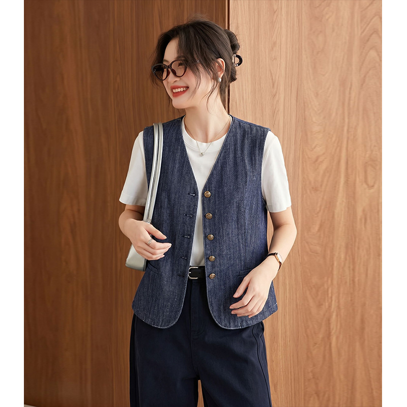【E-Delivery Order】Vintage V-Neck Washed Blue Denim Vest for Women, Versatile and Trendy Top for Layering and Commuting