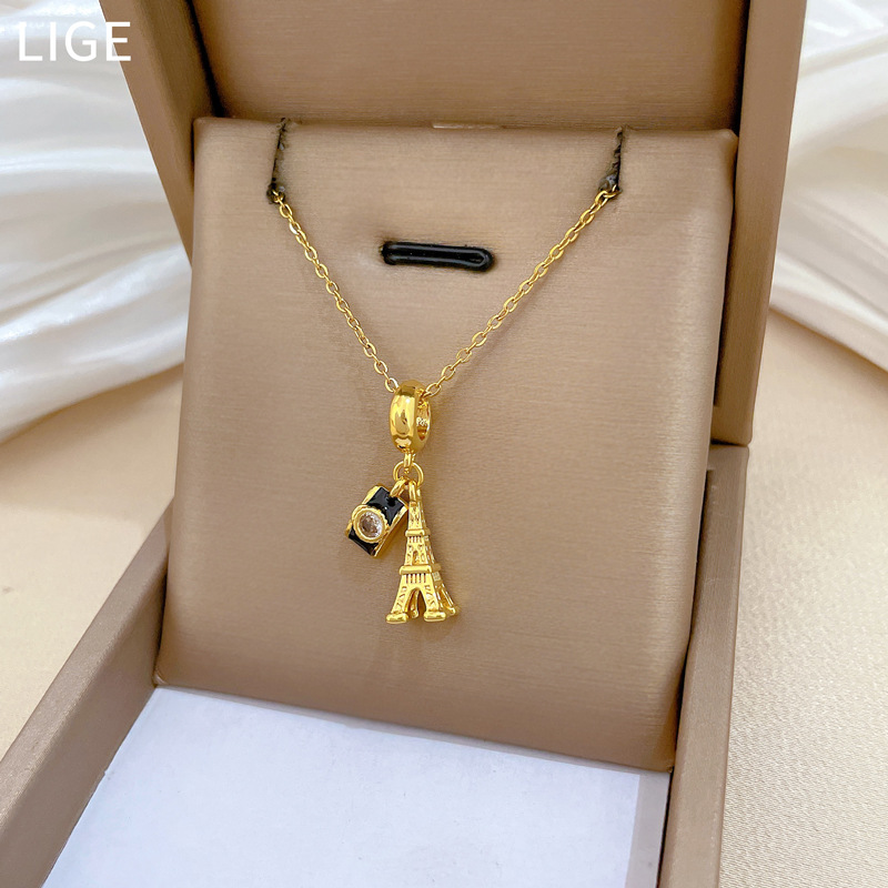 Titanium Steel Camera Tower Necklace With Full Diamond Inlay_voghion.com