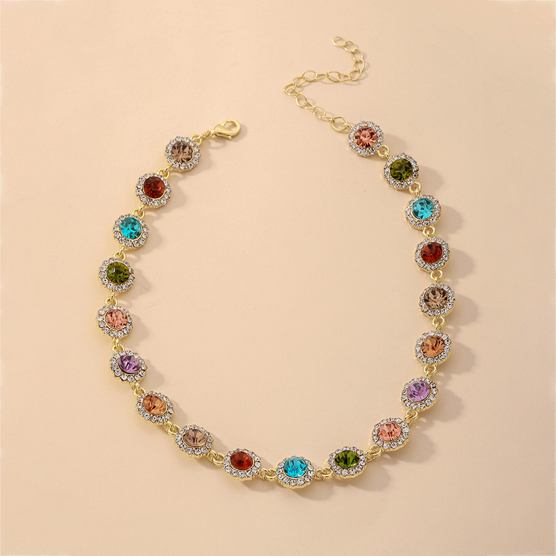 wholesale jewelry colorful round inlaid rhinestone clavicle chain retro style necklace Nihaojewelry