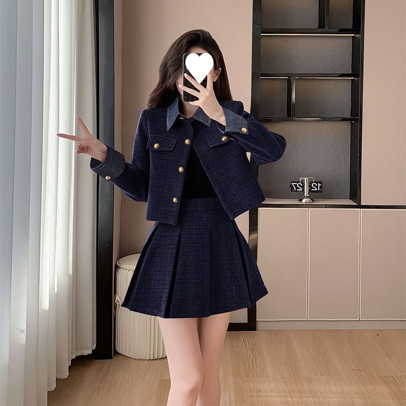 复古假两件牛仔拼接小香风外套洋气百褶裙两件套秋冬加厚套装纽扣