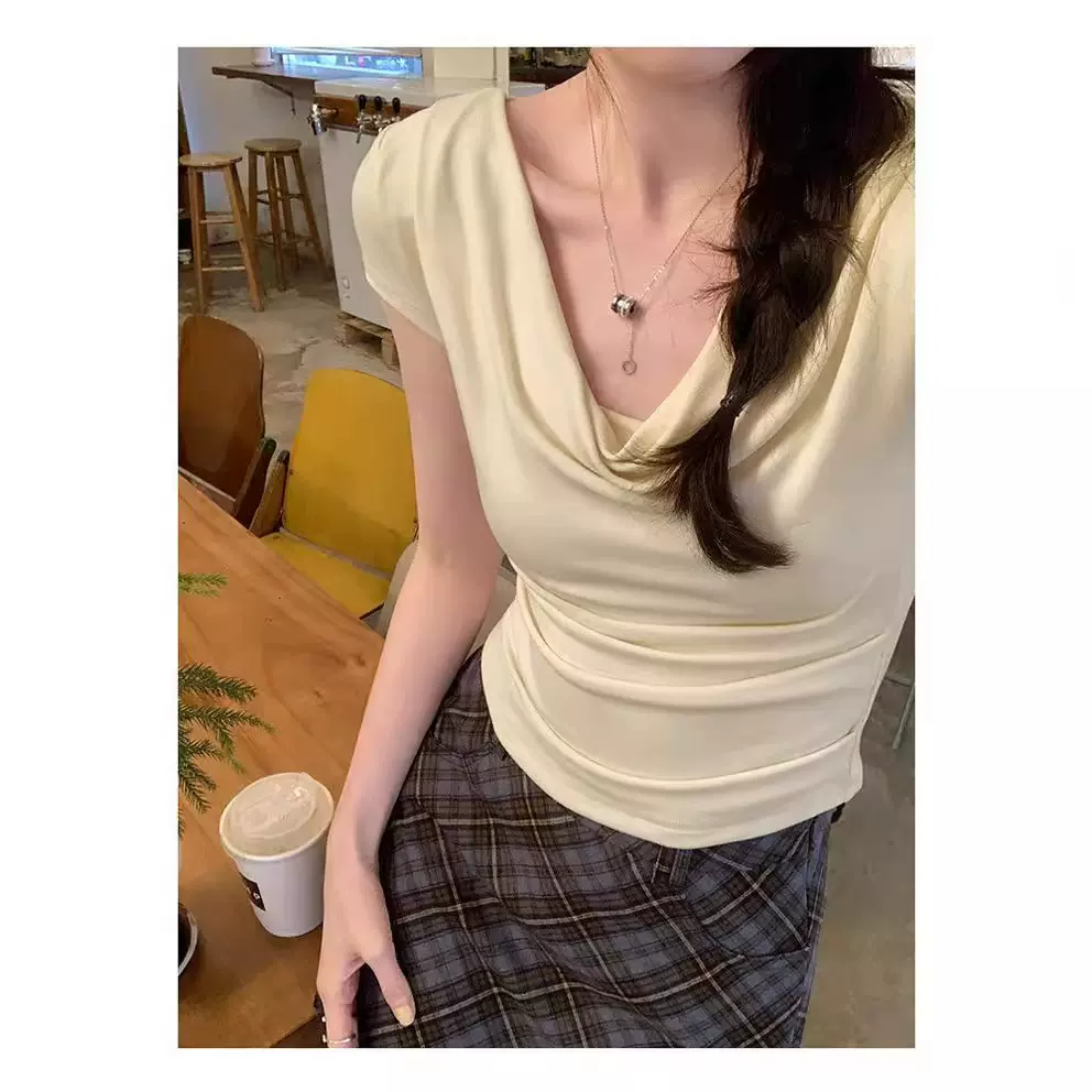 夏雅颜设计感荡领修身显瘦弹力短袖T恤女夏季一字斜肩短款上衣
