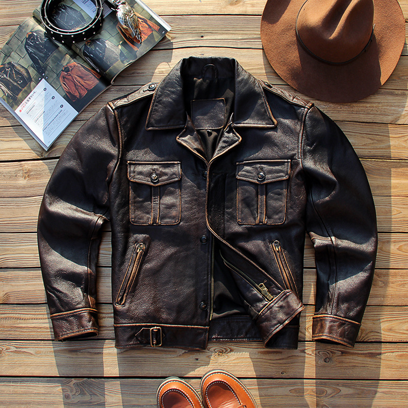 British Style Genuine Leather Jacket Men's Retro Old Yellow Cowhide Suit Collar Short Slim Fit P37 Leather Jacket Coat