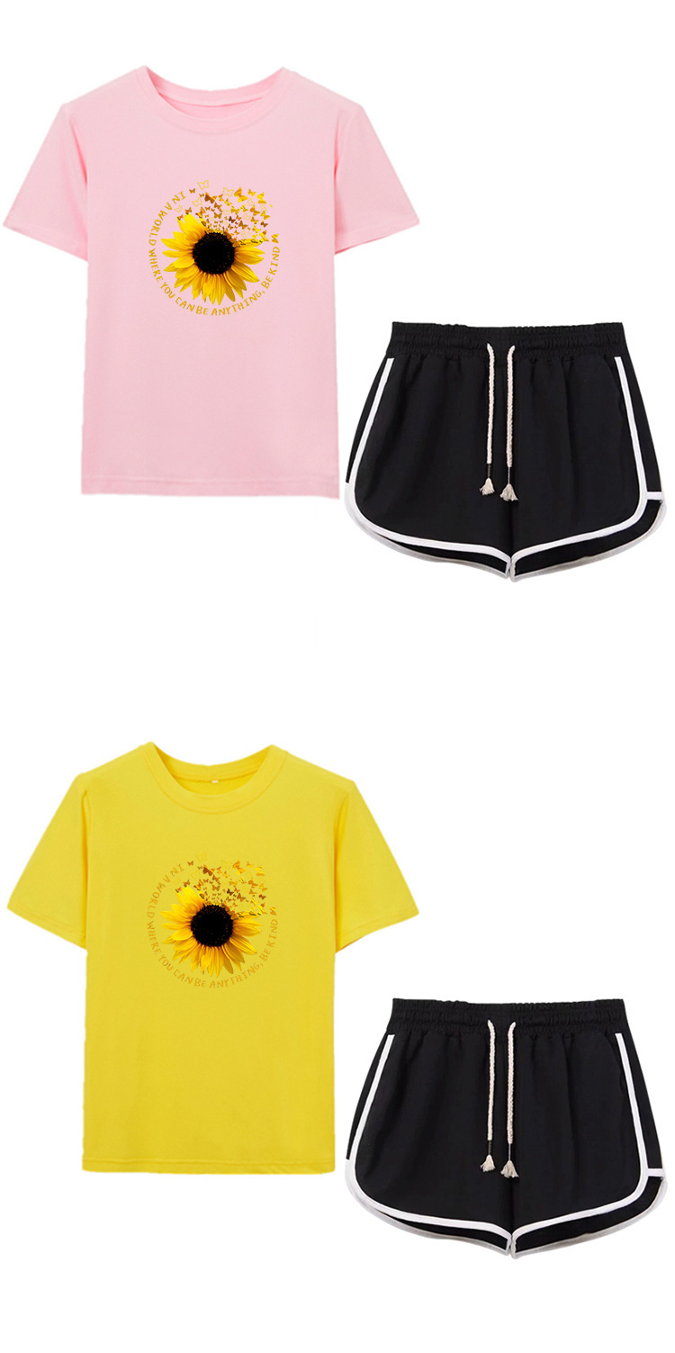 butterfly flying sunflower print T-shirt drawstring shorts casual set NSYIC65448