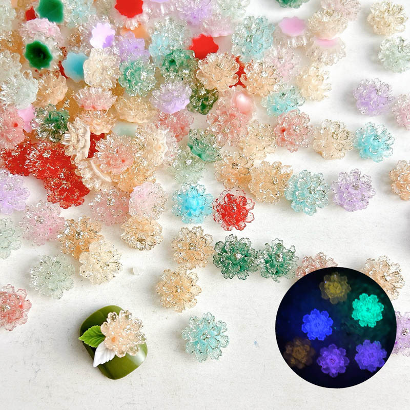 热销美甲彩色树脂木耳花立体单层幻彩透明银粉星空百搭花朵饰品