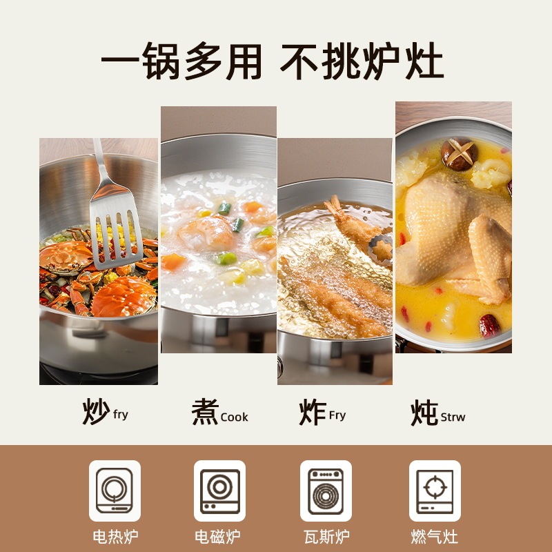 新しいステンレス鋼の大きなお腹鍋、厚みのある三層鋼中華鍋、304コーティングされていない中華鍋、フライパン、ミルクポット|undefined