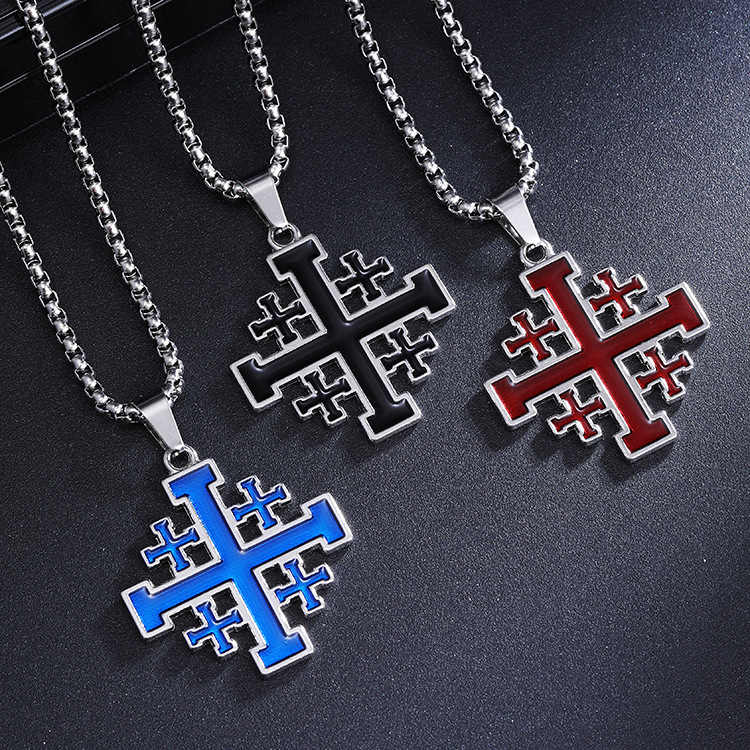 Popular Retro Versatile Oil-Dropping Black Cross Necklace Men's European and American Hip-Hop Long Stainless Steel Sweater Accessories
