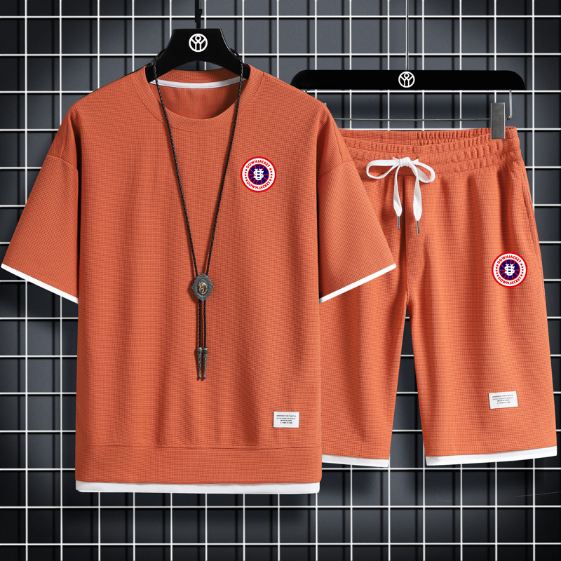 Herrenbekleidung Waffelstrick Sport CCVV Freizeitanzug für Herren, US-Kartendruck, locker sitzender zweiteiliger Anzug aus Kurzarmhemd und Shorts._voghion.com