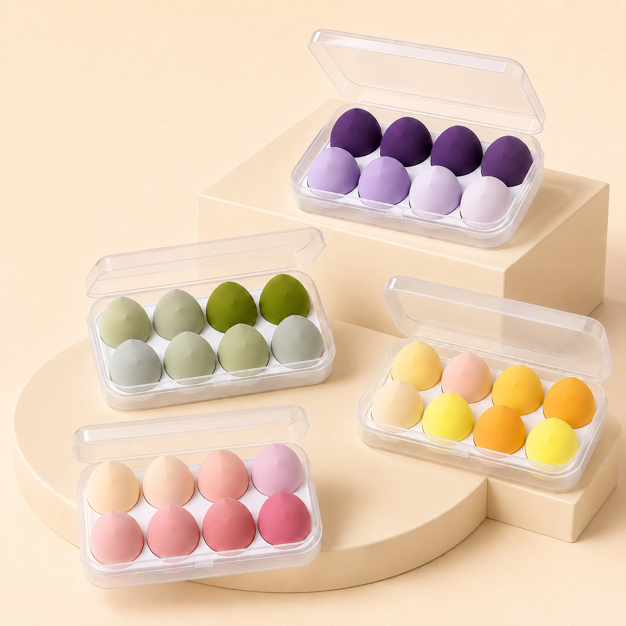 Juego de 8 esponjas de maquillaje en caja, de doble uso para aplicación en seco y húmedo, no absorben polvo, esponja de maquillaje suave en forma de gota de agua, venta al por mayor.