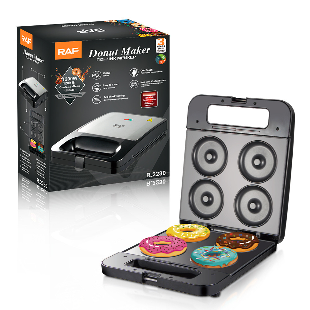 Máquina de desayuno doméstica transfronteriza estándar europea RAF, máquina de donas, máquina de gofres, bandeja para hornear eléctrica de doble cara completamente automática