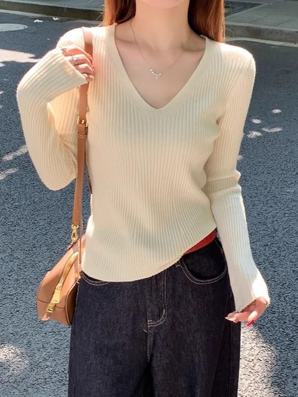 白色v领针织衫毛衣女秋冬高级感2025新款修身长袖内搭打底衫上衣|undefined