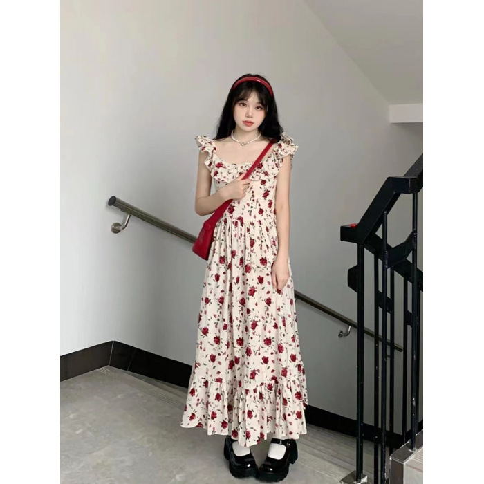 法式复古玫瑰小飞袖连衣裙女夏新收腰显瘦气质方领碎花中长款裙子|undefined