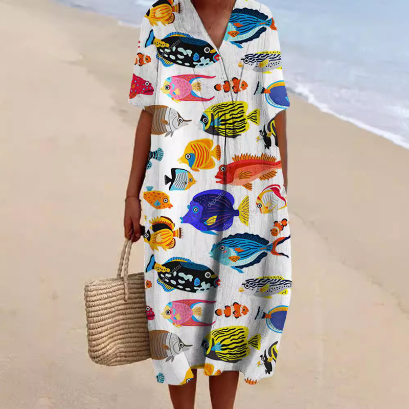 2024 Cross-border Independent Station Shirt dress Amazon Women Casual Sea Life 3D Printed Sleeve Long Dress Women