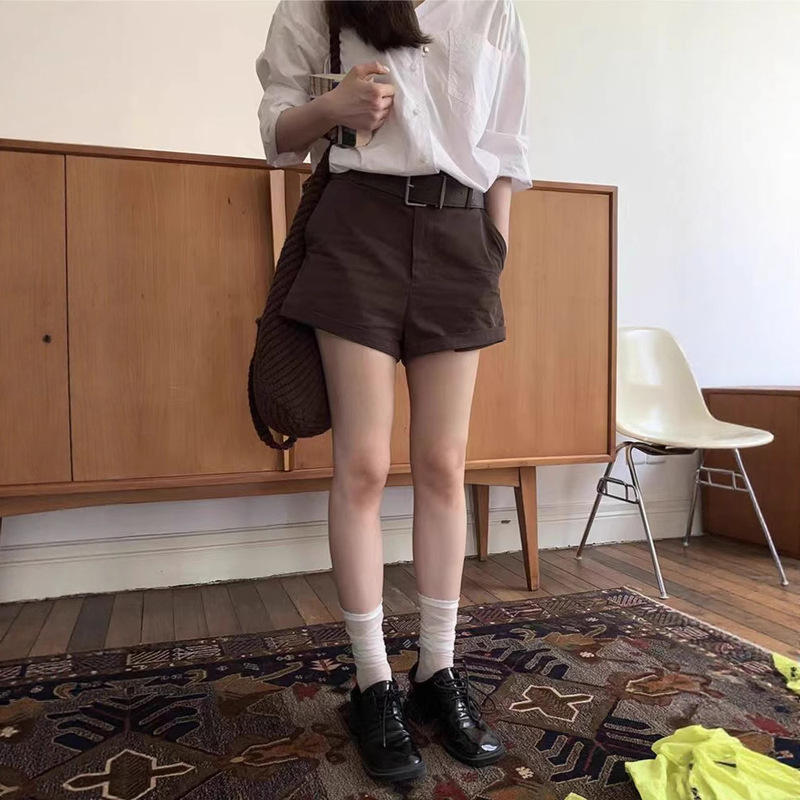 American Retro Slim Casual Shorts 2025 Summer Commuting Versatile Brown Straight Pants for Women