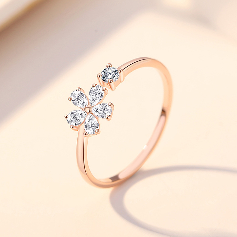 Estilo japonés y Coreano fresco 925 moda de plata llena de Diamantes flor de cerezo anillo de la flor nicho diseño floral anillo femenino al por mayor