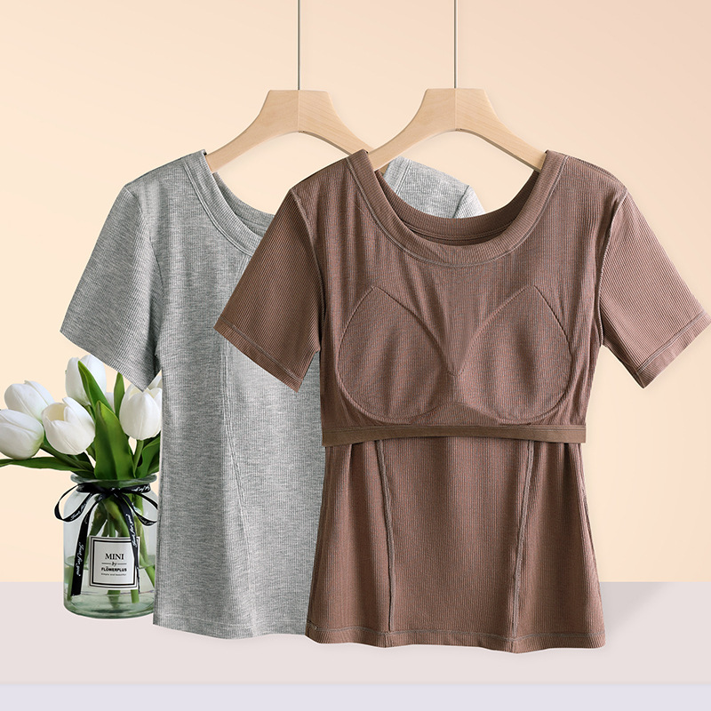 Modal Threaded Short-sleeved Shoulder T-shirt Women's Summer Thin Wear-free Bra plus size Outer Wearing Top