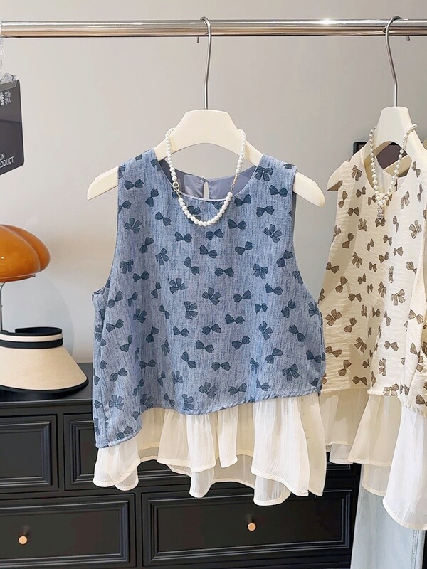 Sweet Irregular Sleeveless Vest Shirt Women's Small Shirt 025 Summer New Design Niche Bow Top Sweet Irregular Sleeveless Vest Shirt Women's Small Shirt 025 Summer New Design Niche Bow Top