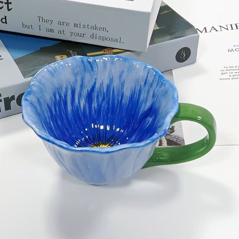 虞美人花朵陶瓷杯纹理铃兰花咖啡杯套装陶瓷马克杯釉下彩水杯现货|undefined