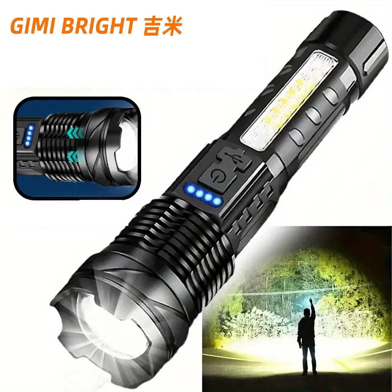 Белый лазерный фонарь высокой яркости, перезаряжаемый, с красным и синим светодиодами высокой мощности, телескопический, с боковым светом, для наружного освещения, из алюминия и пластика.