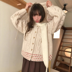 韩系宽松羊毛带帽撞色麻花针织毛衣开衫外套女