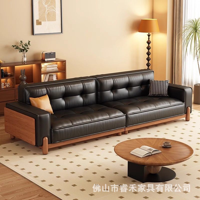 Ruiheou Retro-Style Small to Medium-Sized Genuine Leather Sofa, Double-Seater, Light Luxury Walnut Wood, New Chinese Style Straight-Row Solid Wood