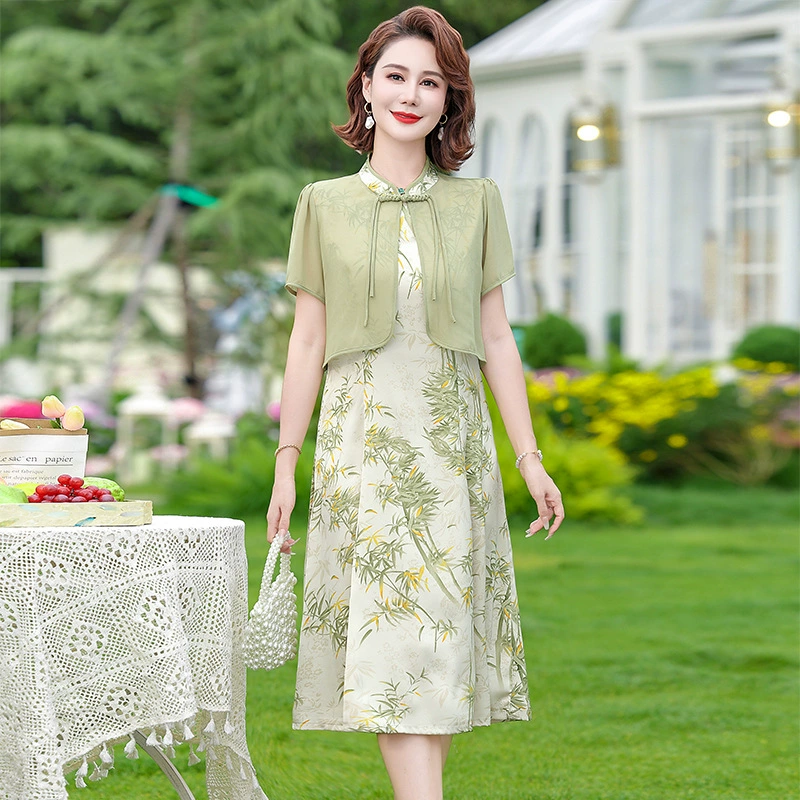 Новое летнее платье-костюм в китайском стиле для мамы 2024 года, элегантный летний национальный стиль для женщин среднего и пожилого возраста, комплект из двух предметов