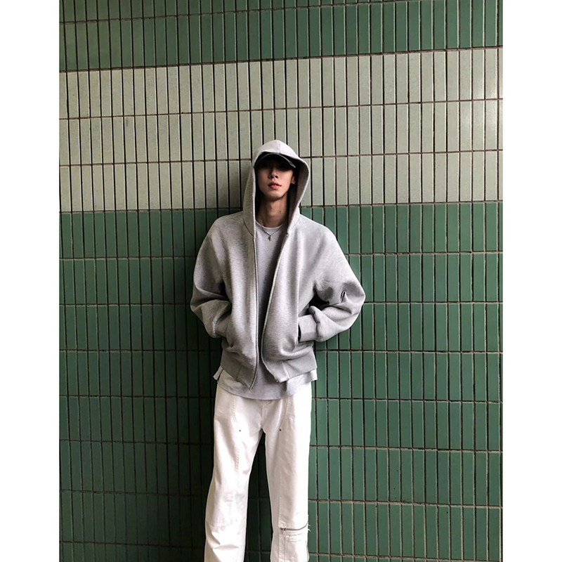 melange gray fleece-lined Cardigan Sweatshirt Men's Spring and Autumn Double Head Zipper Hooded Jacket American Retro Wearing Jacket