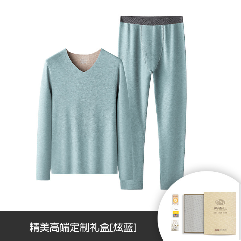 Conjunto de ropa interior térmica de lana de seda para otoño e invierno para hombre, ropa térmica gruesa con forro polar de color puro, ropa de otoño y pantalones de otoño en stock