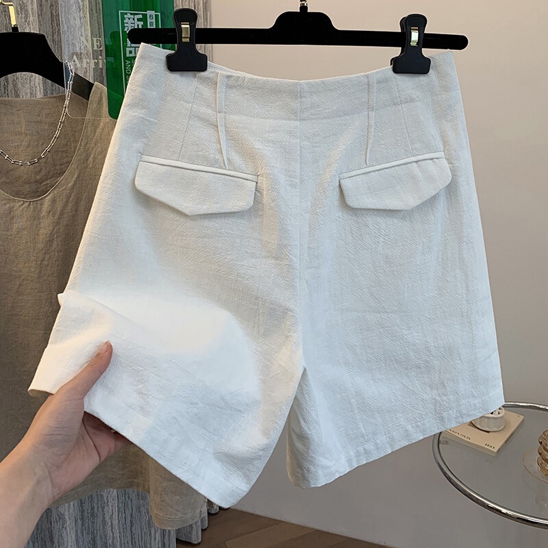 Japanese Style Retro Solid Color Cotton Linen Suit Shorts Women's 2025 Summer Thin High Waist A- line Linen Broad-leg Pants