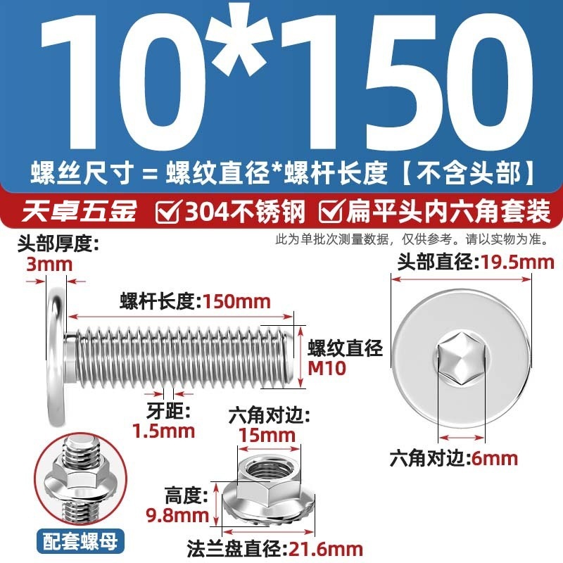 304不锈钢CM大平头超薄头C头扁平头内六角螺丝钉法兰边螺母套装M5|undefined