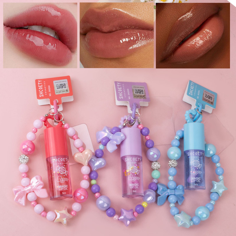 Shcoety Hand Beaded Chain Lip Oil Transparent Water Gloss Lip Gloss Moisturizing Lip Glaze Mirror Glass Lip Gloss