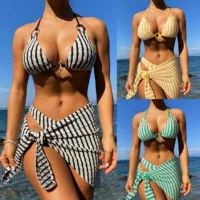 INS2025 AliExpress Европейская и американская внешняя торговля женский купальник в полоску с контрастным цветом Сексуальный набор бикини из трех частей bikini
