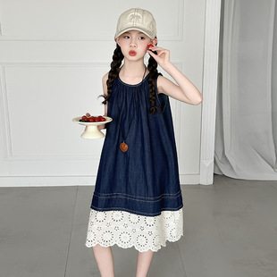 Girls' Summer dress 2025 New Fashion Western Style Girls' Lace Denim Skirt Large Children's Casual Vacation Skirt