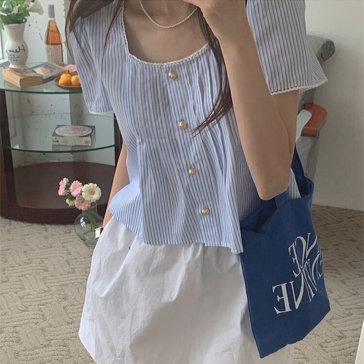Summer New Korean Style Gentle and Sweet Girly Blue Striped Lace Patchwork Shirt for Women