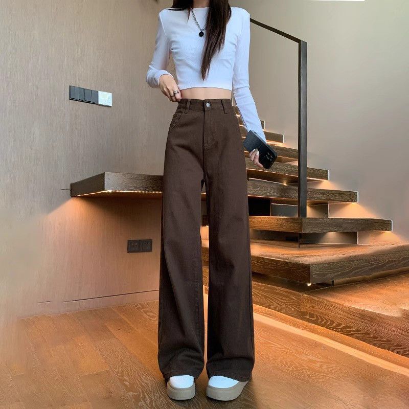 美拉德棕色阔腿牛仔裤女秋冬高腰宽松显瘦大码加绒垂感拖地直筒裤|undefined