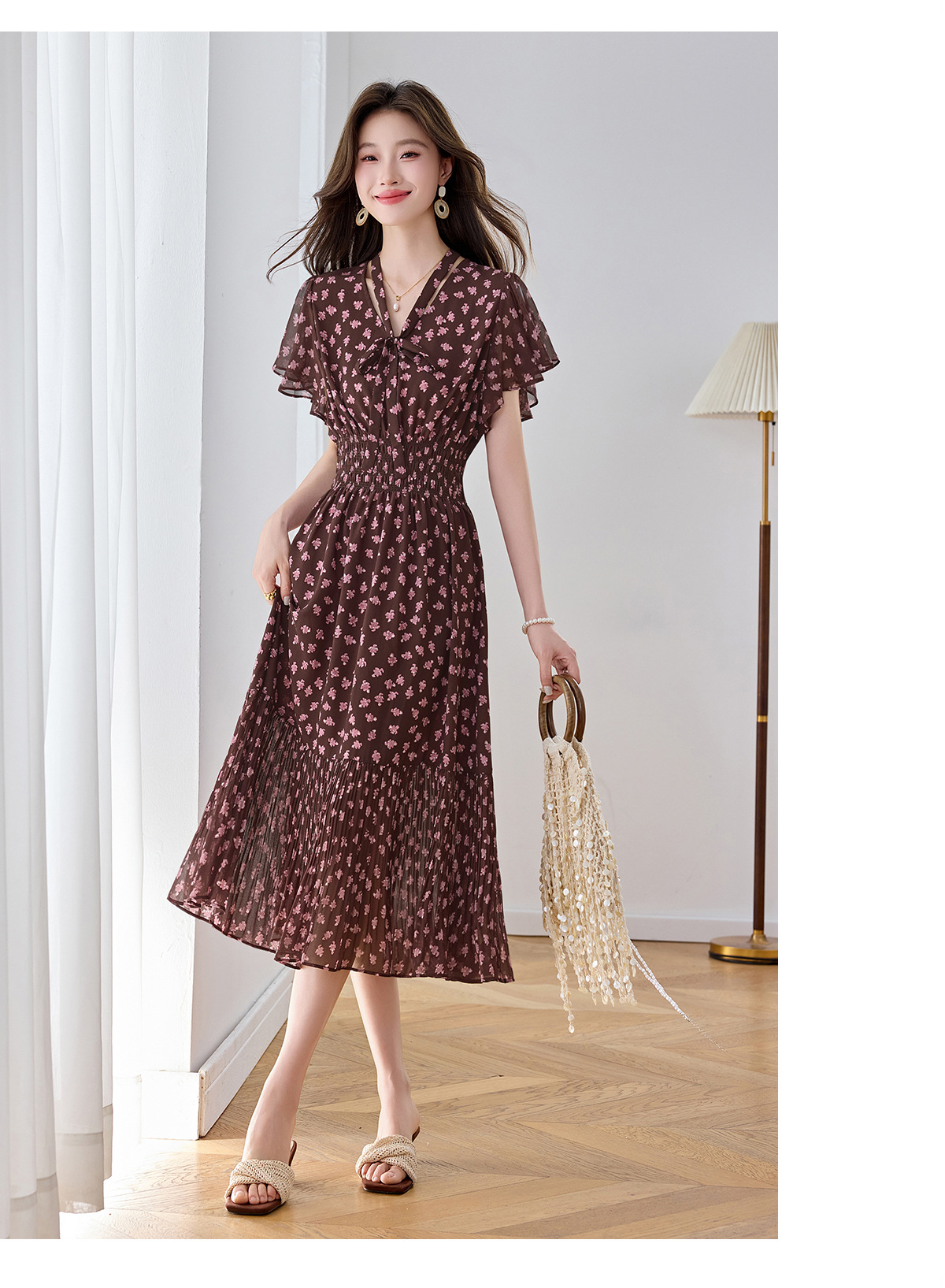 Đầm maxi nữ họa tiết hoa nhí thắt eo dáng chữ A dài quá gối — màu đen, màu hồng chi tiết 13