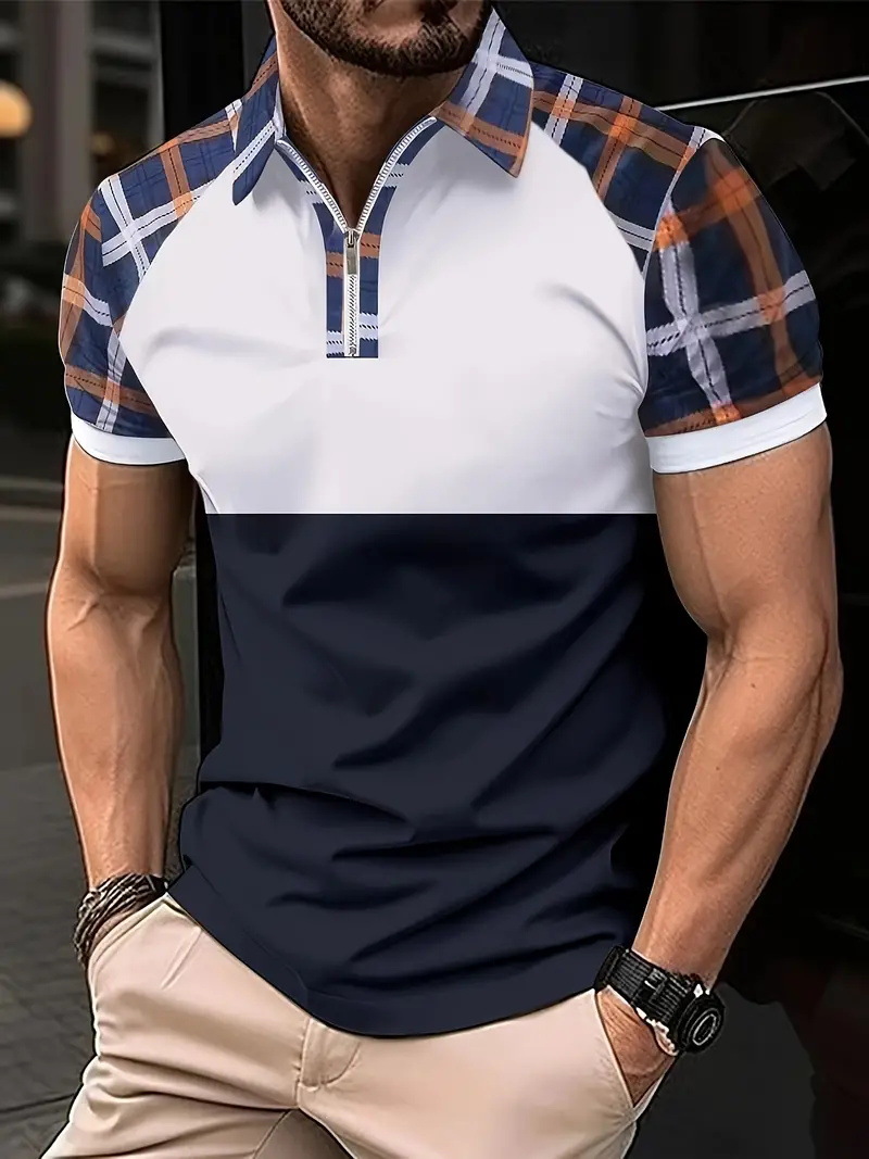 Venta caliente transfronteriza nueva impresión de degradado 3D de verano de gran tamaño casual para hombre suelto código europeo cremallera polo manga corta