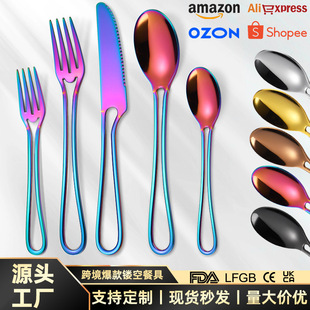 Stainless steel hollow handle knife fork spoon tableware suit Western steak knife fork spoon five-piece set spoon Fork household