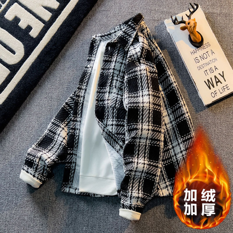 2024 winter fleece-lined houndstooth plaid shirt men's sense of ruffian handsome woolen coat tide brand loose casual jacket