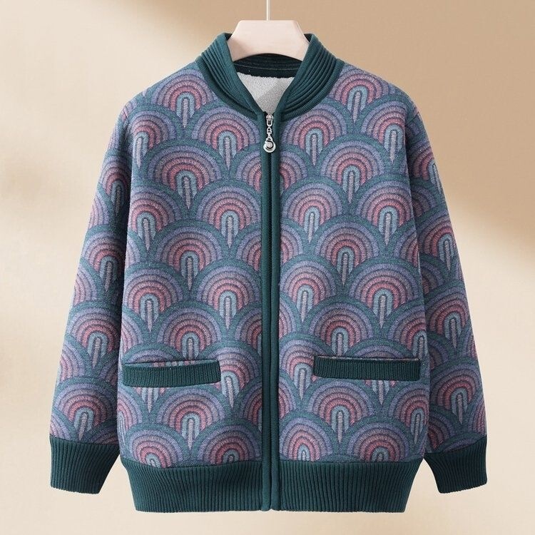 Fleece-lined knitted sweater coat, autumn and winter collection, rainbow-colored, elegant and vintage style, with a zipper, suitable for middle-aged and elderly wearers Fleece-lined knitted sweater coat, autumn and winter collection, rainbow-colored, elegant and vintage style, with a zipper, suitable for middle-aged and elderly wearers