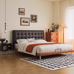 Italian Minimalist Genuine Leather Bed with Waffle Pattern, Vintage Mid-Century Style Bed, Modern Simple 1.8m Wedding Bed with Crackle Finish
