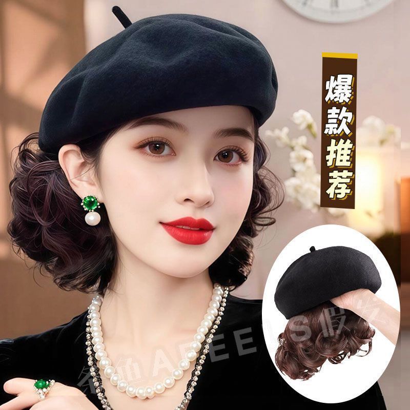 秋冬假发一体毛呢蓓蕾帽女妈妈款时尚韩版甜美复古画家帽网红帽子