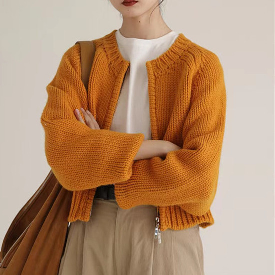 Wool Cardigan Women's French Style Retro Orange Round Neck Thick Loose Short Zipper Sweater Coat Cashmere Sweater Long Sleeve