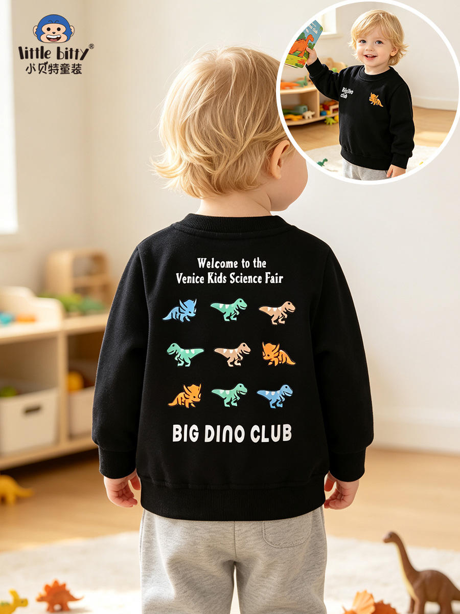 European and American style autumn and winter children's round-neck sweatshirt, 2026 cartoon dinosaur print, for toddlers and babies, in stock